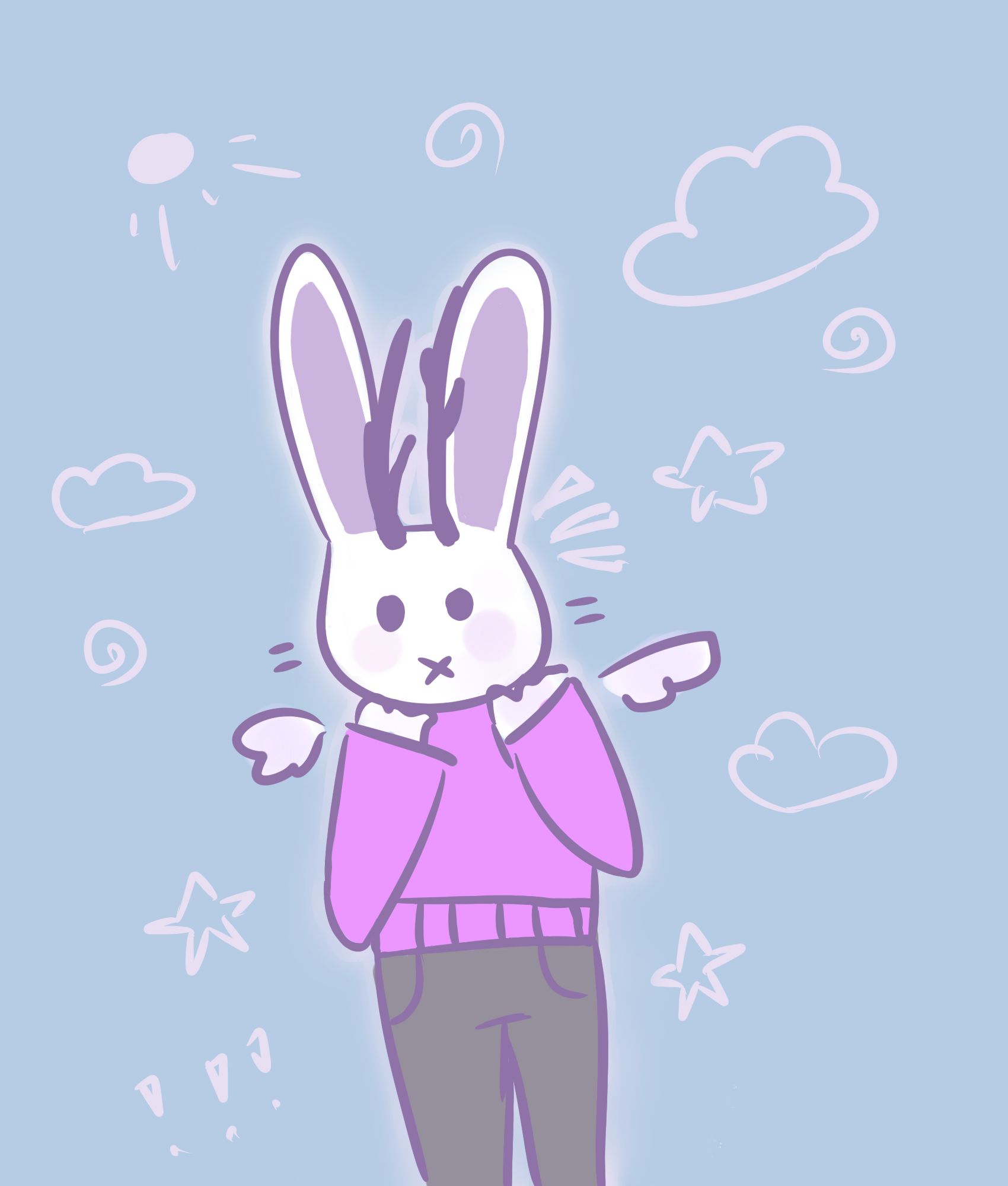 cartoon drawing of a white wolpertinger wearing a pink sweater surrounded by doodles of stars and clouds