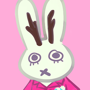 cartoon style white wolpertinger with brown antlers wearing a bright pink shirt