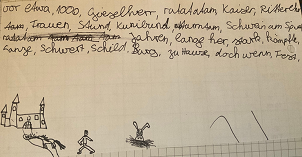 a child's drawing of a castle, a horse and a person walking towards it and a rabbit. Above the drawing is the German text of the poem